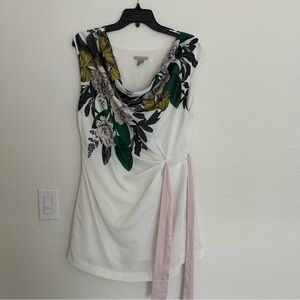NWOT 12 Dress Tropical White Floral Waterfall Neck Pink Sash Mini Peony Lined​